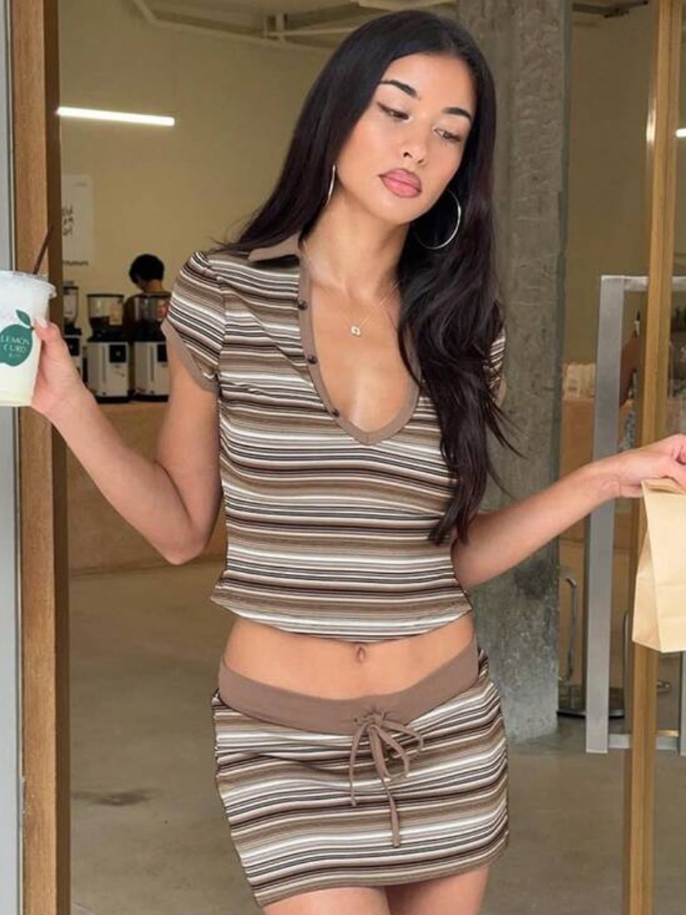 Striped Brown & Cream Two-Piece Skirt Set